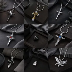 Hip Hop Kruis Halsketting Voor Mannen Roestvrij Staal Vlam Vuur Hanger Gotisch Retro Dollar Geldzak Strass Adelaar Sieraden