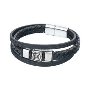 Vintage multi-layer braided leather bracelet with magnetic clasp for men and women