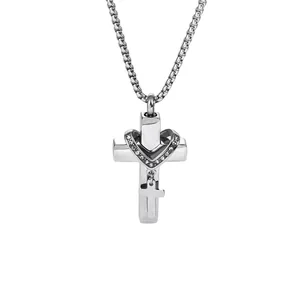 Polished silver titanium steel cross pendant necklace with heart and clear cz stone accents