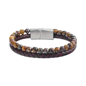 Men's natural tiger eye stone and braided leather bracelet with magnetic steel clasp