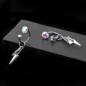 Detail view of titanium lightning bolt horseshoe earrings with iridescent zircon stones