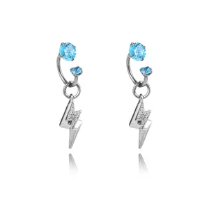 Luxury titanium alloy lightning bolt earrings featuring radiant blue zircon stones