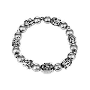 Pulsera de cuentas vintage con cabeza de Buda y colgante Yin Yang Bagua acabado plateado