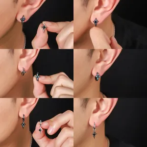 Trendy Copper Four-pointed Star Hoop Stud Earrings For Men Women Punk Black Silver Blue Rhinestone Cross Star Jewelry Accessory