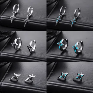 Trendy four-pointed star stud and hoop earrings set in silver and black finishes