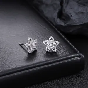 Vue détaillée de boucles d'oreilles étoiles en argent avec pavé complet de zircons