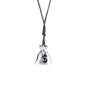 Vintage silver money bag pendant necklace with black leather cord for men and women style