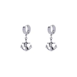 Stainless steel anchor dangle hoop earrings in silver nautical pirate style for men and women