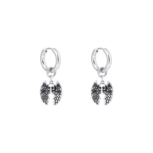 Gothic stainless steel hoop earrings with skull and bat wing pendants for men and women