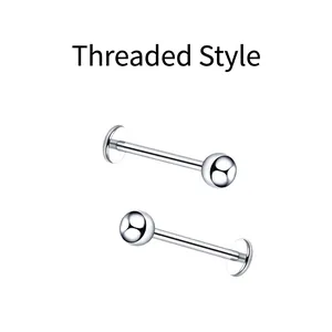 Detailed view of silver F136 titanium flat back labret studs with internal threading design