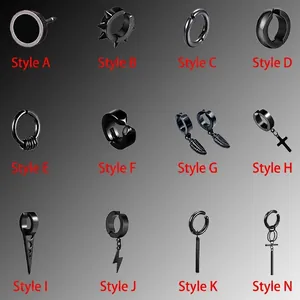 Black Titanium Steel Earrings For Men Women Punk Gothic Stud Earrings Cross Lightning Feather Hoop Ear Clips Minimalist Trendy Jewelry Accessories