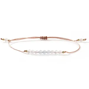Elegant handmade adjustable woven bracelet featuring moonstone crystal beads and gold accents
