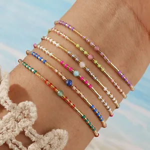 Handmade Boho Multicolor Seed Bead Bracelet For Women Adjustable Rope Semi-Precious Stone Bead Bracelet Minimalist Niche Jewelry