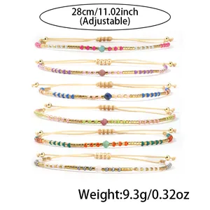 Set of 6 colorful adjustable seed bead bracelets with bohemian metallic accents.