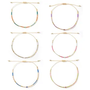 Set of six colorful handmade seed bead bracelets with adjustable beige cords for women