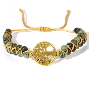 Handmade African pine jasper beaded bracelet with gold Tree of Life charm and adjustable cord