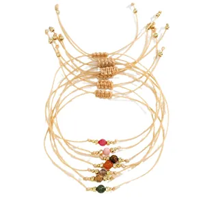 Ensemble de bracelets en cordon de cire kaki faits main avec perles en cuivre et pierres