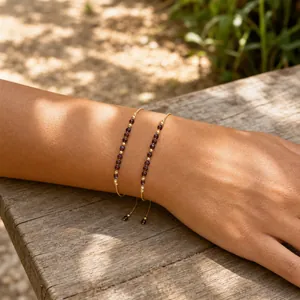 Rode Granaat Kralen Armband Voor Vrouwen Dubbellaags Verstelbaar Gevlochten Touw Geometrische Kralen Sieraden Cadeau