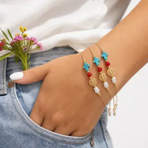 Handmade Woven Beaded Rope Bracelet Mixed Materials Artificial Pearl Metal Totem Adjustable Religious Cross Jewelry For Men Women