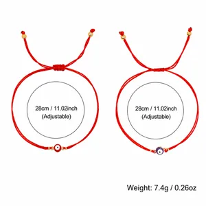 Detail view of adjustable red string evil eye bracelets with dimensions and weight info.