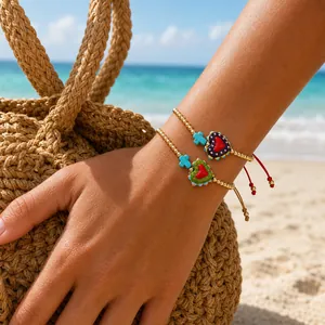 Pulsera de Cuentas Hecha a Mano para Niños Colgante de Corazón de Dinosaurio Monstruo de Dibujos Animados Esmalte Cuerda Trenzada Ajustable Joyería de Verano