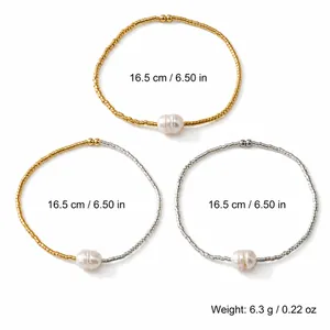Minimalist beaded bracelet set with white pearl in gold and silver finishes