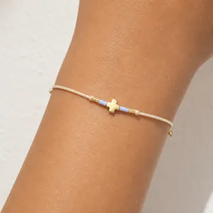 Handmade Woven Cross Bracelet for Women Niche Design Adjustable Seed Bead Rope Chain Alloy Gold Plated Religious Jewelry