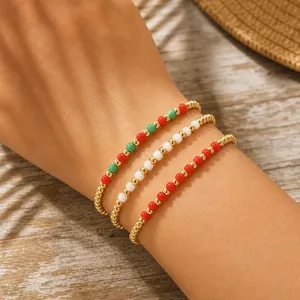 Women Christmas Beaded Bracelet Set Alloy Metal Beads Festive Party Jewelry Gift Handmade Three Piece Bracelet