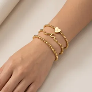 Ensemble de Bracelets Élastiques en Cuivre Plaqué Or à Perles Rondes pour Femmes Enfants Pendentif Cœur Lettre A-Z Vague Bijoux
