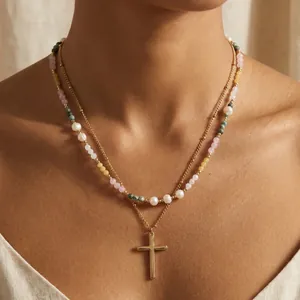 Bohemian Layered Cross Pendant Necklace For Women Stainless Steel Chain Artificial Pearl Semi-precious Stone Beaded Jewelry