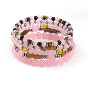 Meerlagige armband van halfedelsteen met roze kralen en natuurlijke tijgeroog