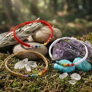 Verstelbare Handgeweven Gevlochten Touw Armband Veelkleurige Natuursteen Gouden Kraal Healing Chakra Yoga Sieraden