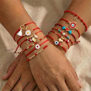 Handmade Braided Red String Bracelet Set Multi Style Evil Eye Heart Hamsa Daisy Charm Adjustable Woven Rope Bracelets For Women Jewelry