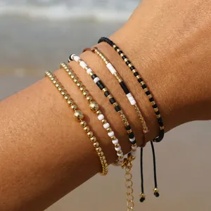 Handmade Bohemian Woven Seed Bead Bracelet Set Black White Gold Contrast Geometric Wish Bracelet For Women Jewelry Gift
