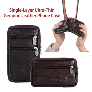 Men Ultra Thin Synthetic Leather Mobile Phone Waist Bag Belt Loop Vertical Horizontal Single Layer Phone Case Pouch Brown
