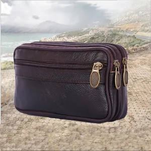 Men's High-Grade Synthetic Leather Waist Bag Casual Lychee Pattern Multi-Layer Zipper Phone Bag Business Travel Belt Bag