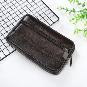 Close-up of the textured brown faux leather belt pouch showing zipper details and logo