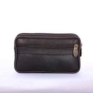 Detail view of men's brown synthetic leather waist bag with double zippers and textured finish.