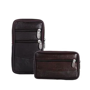 Men's brown faux leather belt-loop phone pouches in horizontal and vertical styles