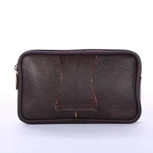 Back view detail of a premium brown synthetic leather men's waist bag with belt loop
