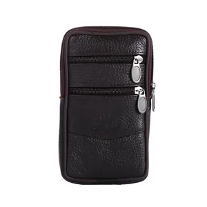 Detailed view of vertical brown faux leather belt pouch with multiple zipper pockets.