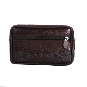 Front view of slim men's brown synthetic leather waist bag for 6.5-inch mobile phones