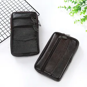 Detailed view of horizontal and vertical brown faux leather men's phone waist bags.