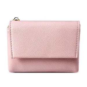 Elegant pink pebbled leather mini wallet for women with gold zipper and flap closure