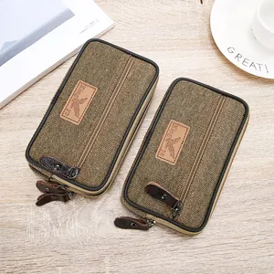Macro view of durable khaki linen men's phone waist bag with three zipper compartments
