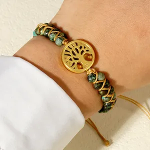 Natural Stone Tree Of Life Pendant Bracelet African Pine Round Beads Hand Woven Adjustable Alloy Bracelet For Men Women Jewelry Gift