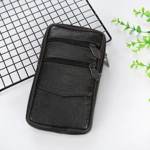 Slim dark brown synthetic leather phone waist bag with multiple zippers.