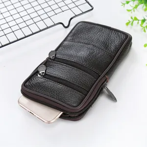 Dark brown men's synthetic leather phone waist bag with belt loop and multi-zipper pockets