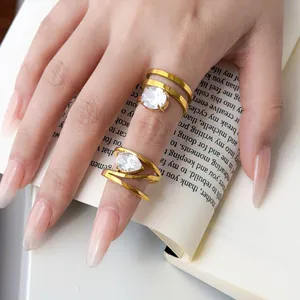 Detailed macro shot of elegant 18K gold plated multi-layer rings with zircons