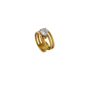 Elegant triple-band 18K gold-plated titanium steel ring with a pear-cut cubic zirconia